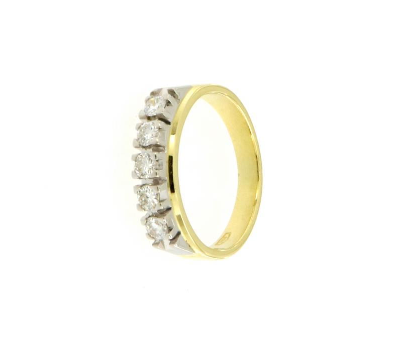 Anello 2 ori  750/1000 veretta con 5 diamanti taglio brillante da 0.10 ct cadauno 