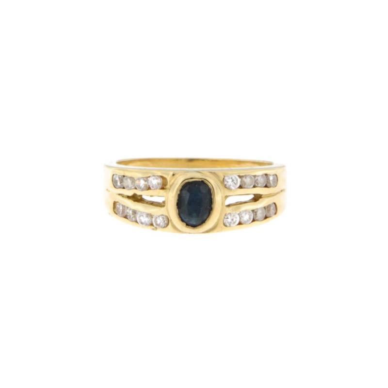 Anello in oro g 750/1000 doppia fila pietre bianche e pietra blu misura 12