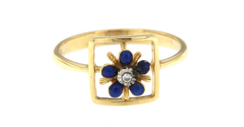 Anello in oro g 750/1000 fiore blu smalto misura 14