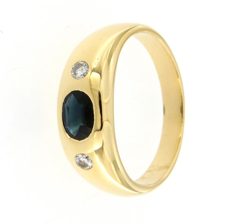 Anello in oro giallo 750\1000 con pietra blu e 2 diamantini laterali mis.20