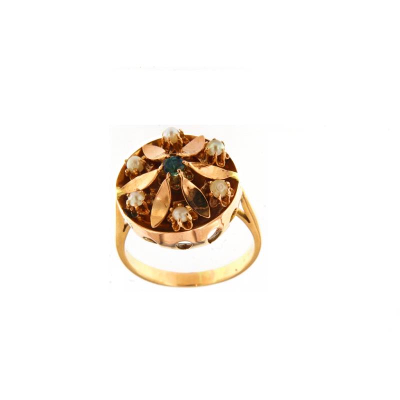 Anello in oro r 750/1000 fiore con perline bianche e pietra blu