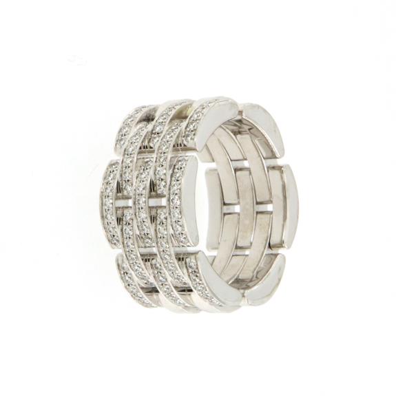 Cartier anello oro bianco 750\1000 collezione maillon panthère 5 file con semi pavé di 112 diamanti tot ct 2,24   mis 14