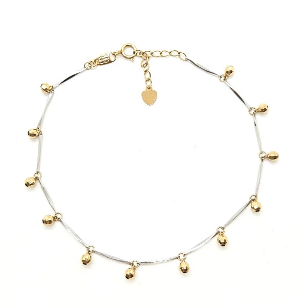 Bracciale due ori  750/1000 maglia  a segmenti con sfere pendenti cm. 21