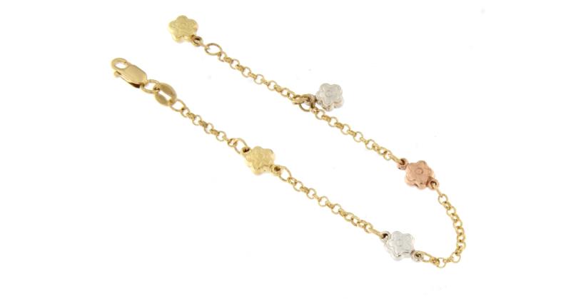 Bracciale in oro g/b/r 750/1000 rolo fiori + fiore charm cm 15