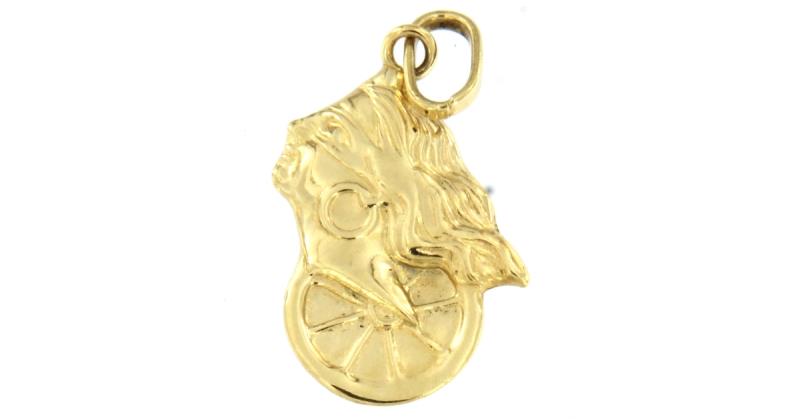 Ciondolo in oro g 750/1000 dea bendata e ruota della fortuna cm 2,7 x 1 cm