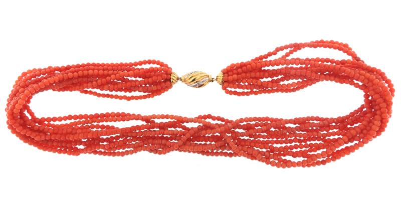 Collana in oro g 750/1000 multifilo in corallo con chiusura ovale 