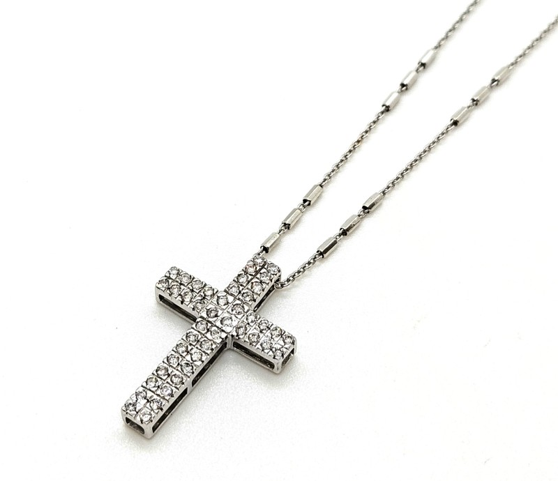 Collana  oro bianco 750/1000 maglia rolò e cilindri + croce con pavè di diamanti ct 0.45 tot. h s1 cm 45