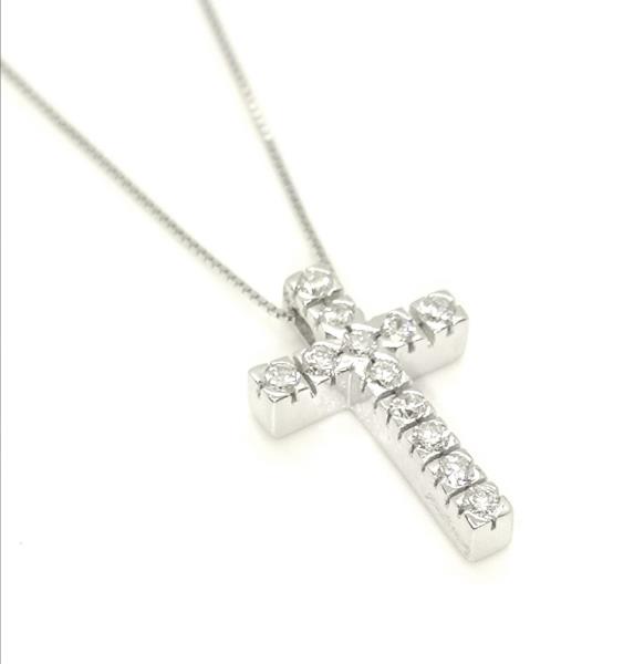 Collana  oro bianco 750/1000 maglia veneta  con ciondolo croce e diamanti da ct 0.18 tot - g-   cm 46