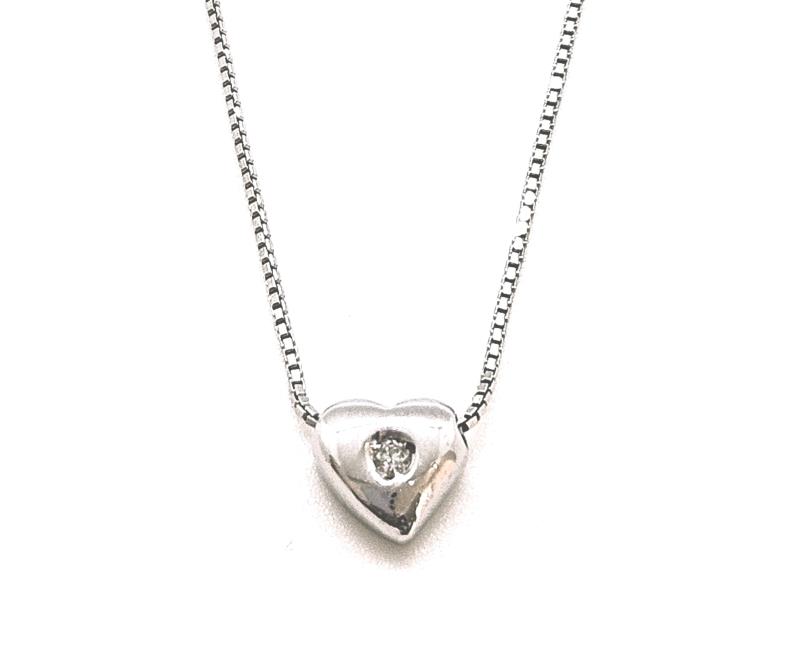 Collana oro bianco 750/1000 punto luce con pendente cuore e diamante da  0.01 ct  cm 42
