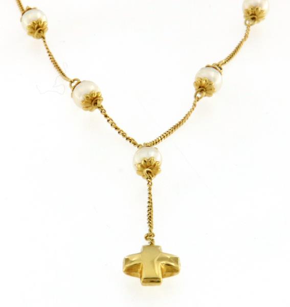 Collana oro giallo 750/1000 con perle e croce cm 41