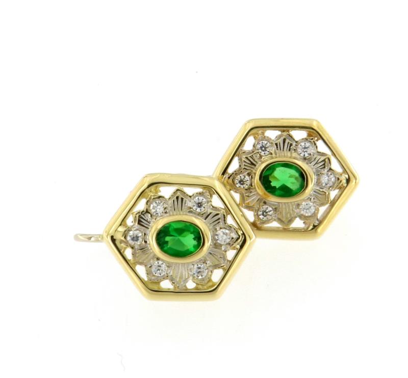 Coppia di orecchini oro giallo 750/1000 con pietra verde e diamantini