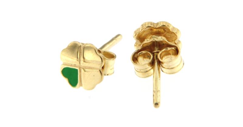 Orecchini in oro g 750/1000 lobo quadrifoglio smalto verde cm 1,1 x 0,5 cm